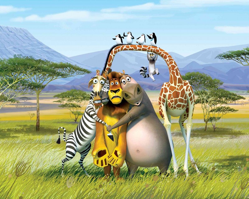 Personajes de dibujos animados de varios animales en un campo con montañas al fondo (animación, madagascar 3)