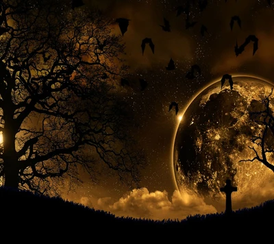 Colorful Abstract Night Scene with Bats and a Glowing Moon