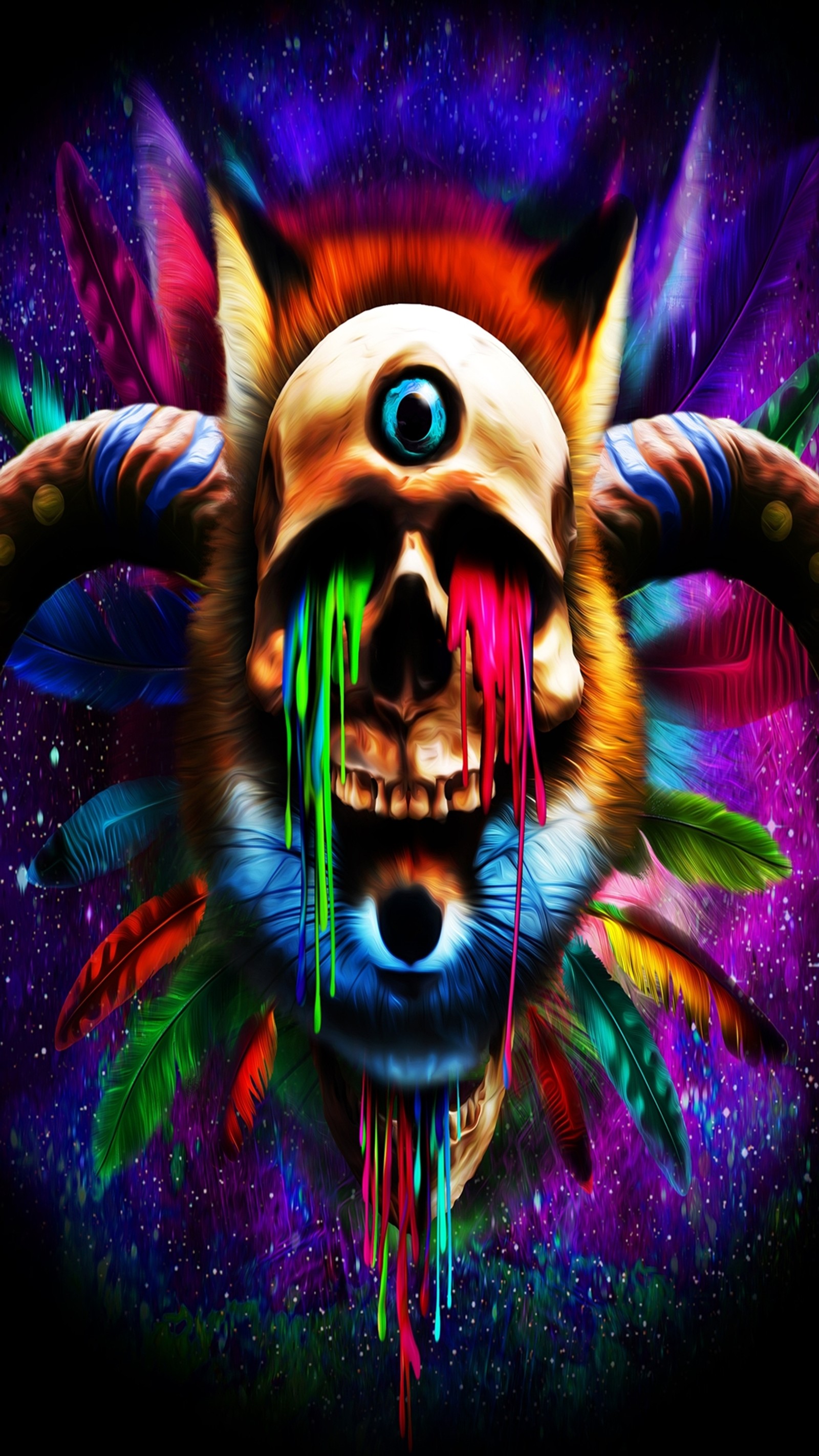 A close up of a colorful painting of a skull with a colorful headdress (abstract, paint, psychedelia, skull, trippy)