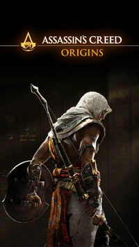 Assassin in a hooded cloak, poised with a shield and spear, set against an ancient Egyptian backdrop.