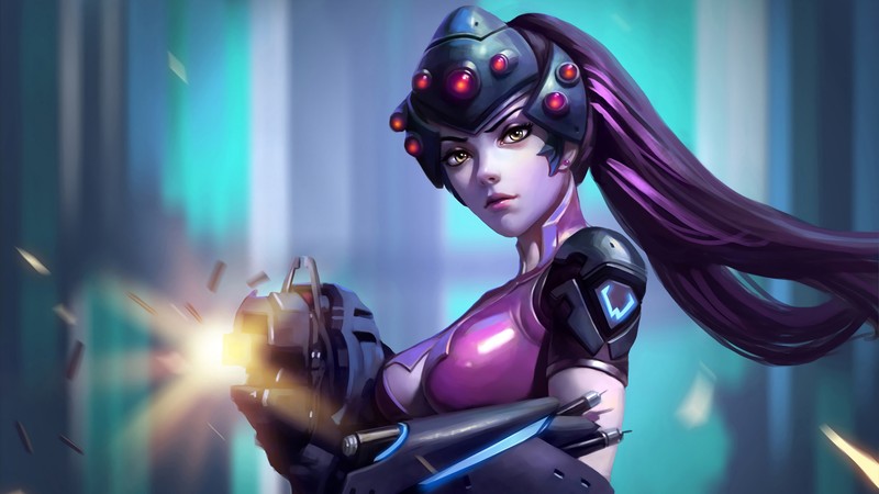 Женщина в футуристическом наряде, держащая пистолет (вдова, widowmaker, overwatch, видеоигра)