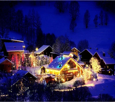 A serene snowy village illuminated by colorful lights under a twilight sky.