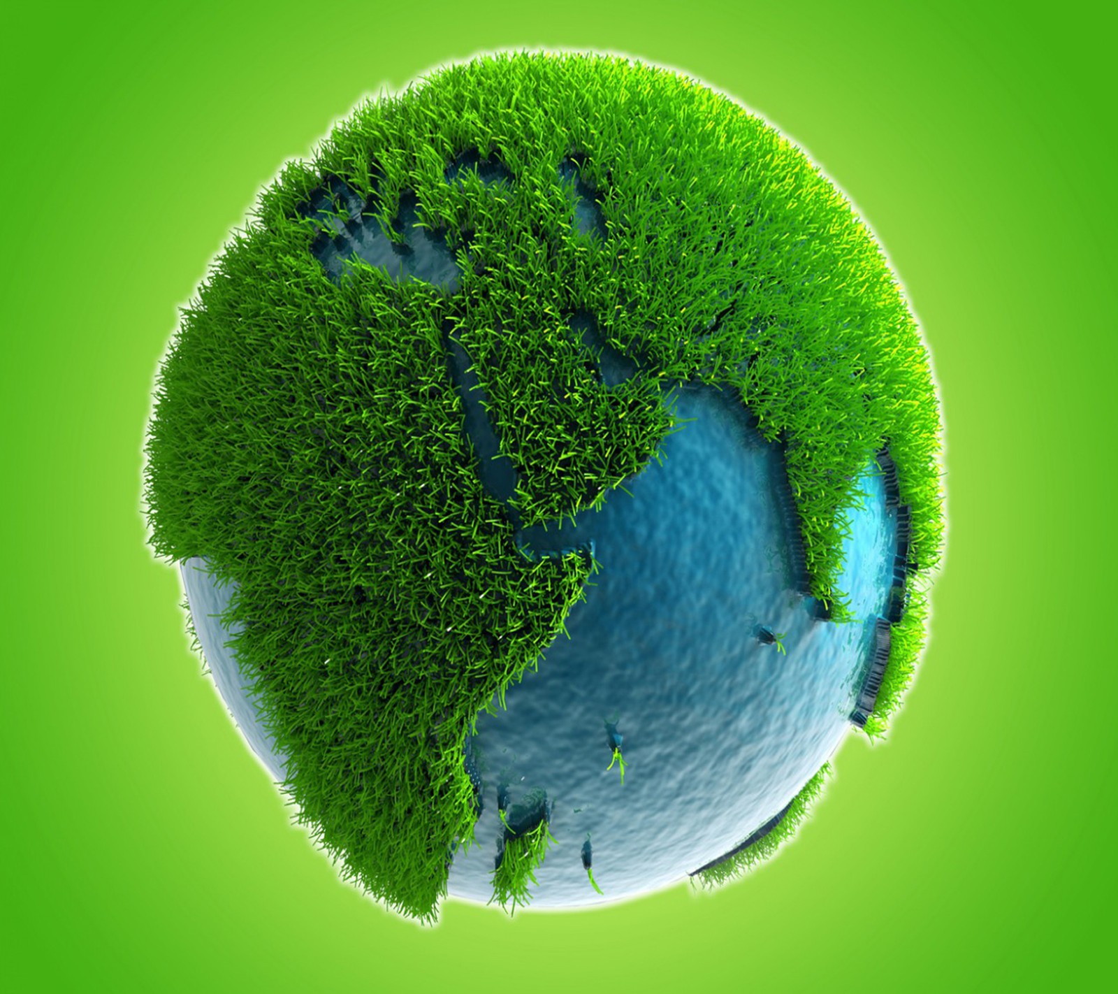 Un globe vert avec de l'herbe et de l'eau dessus (terre verte, papier peint)