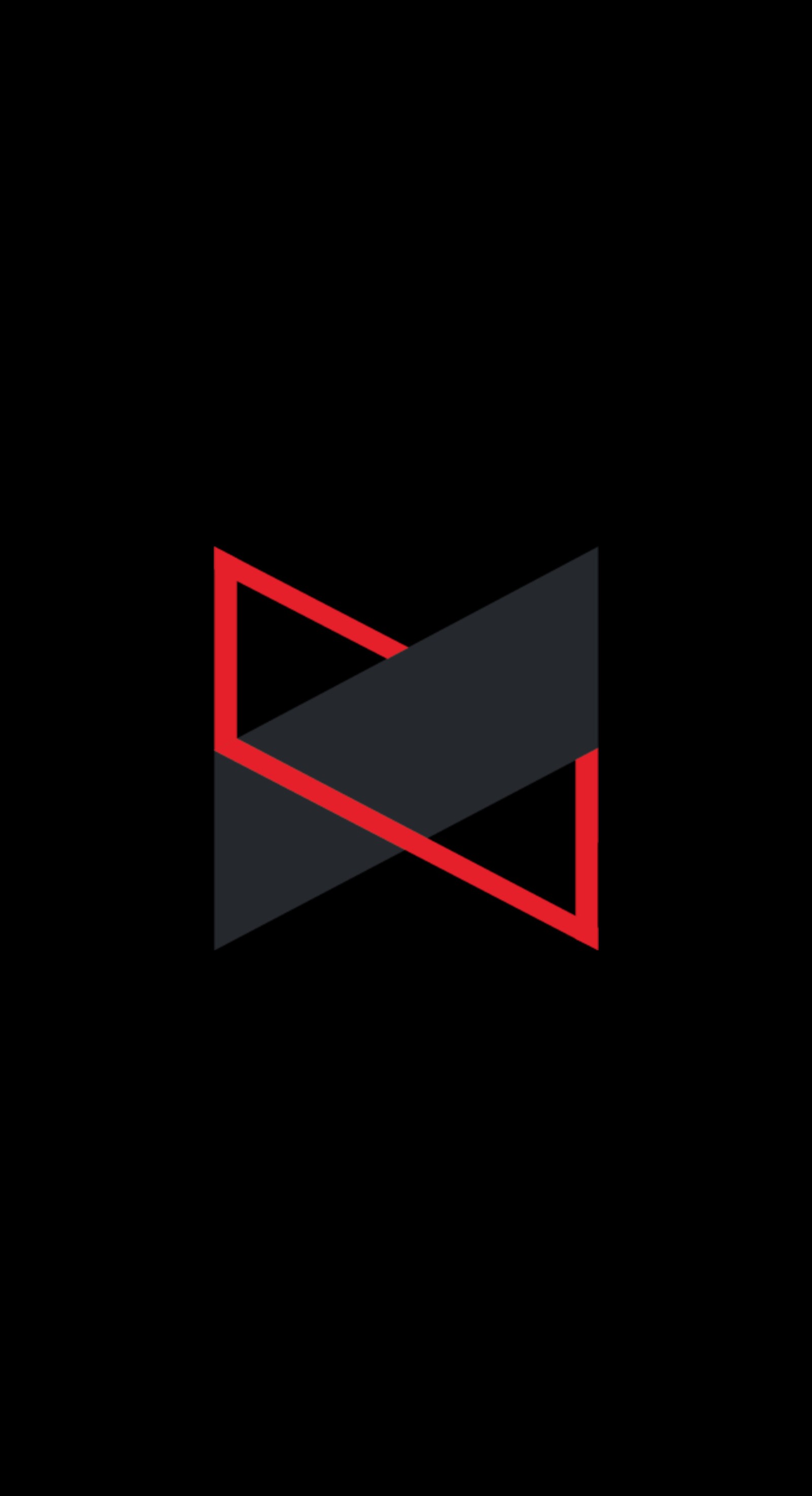 A close up of a black and red logo on a black background (black, essential, minimal, minimalistic, mkbhd)