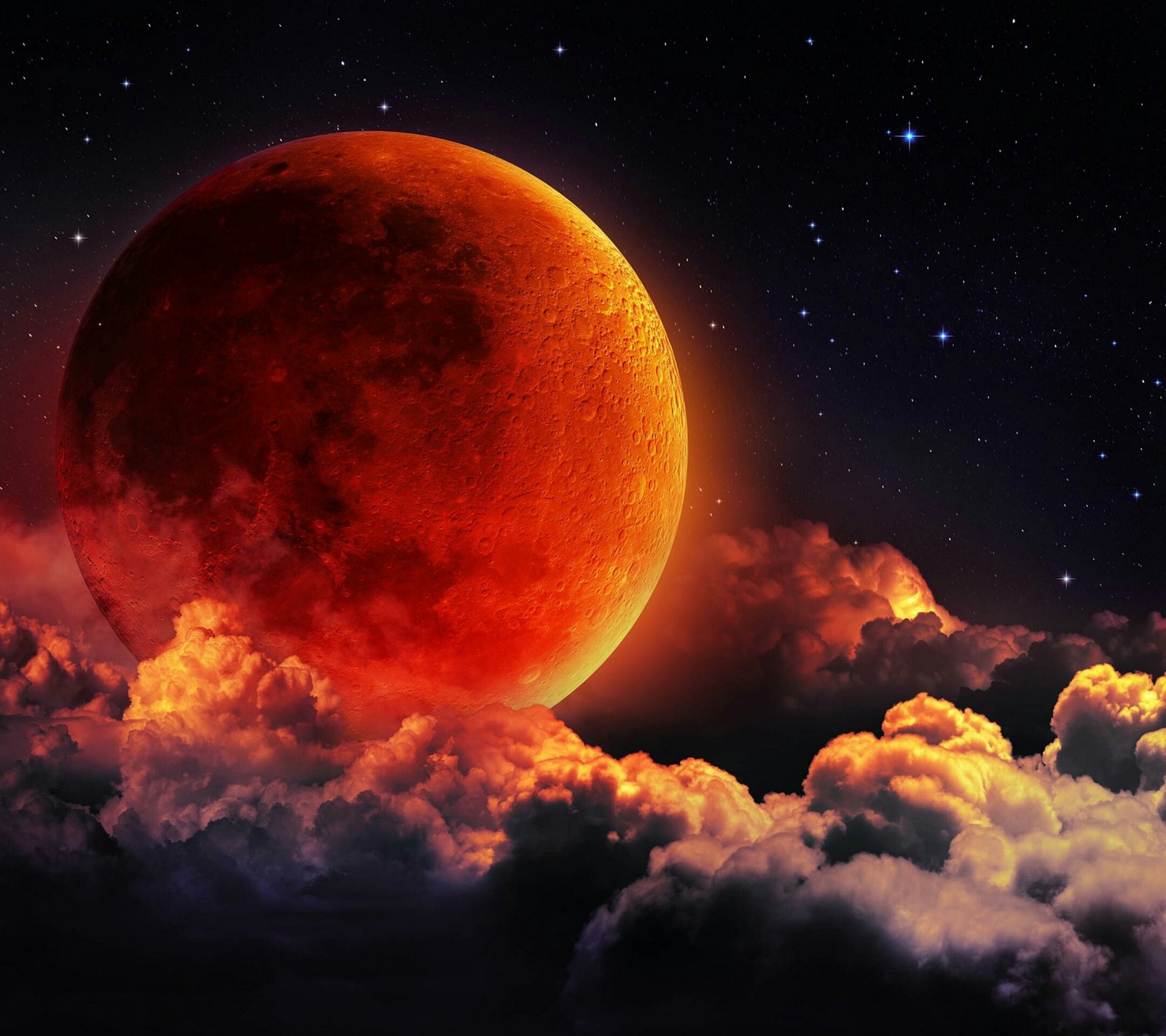 Une lune rouge se voit au-dessus des nuages dans le ciel. (feu, planète)