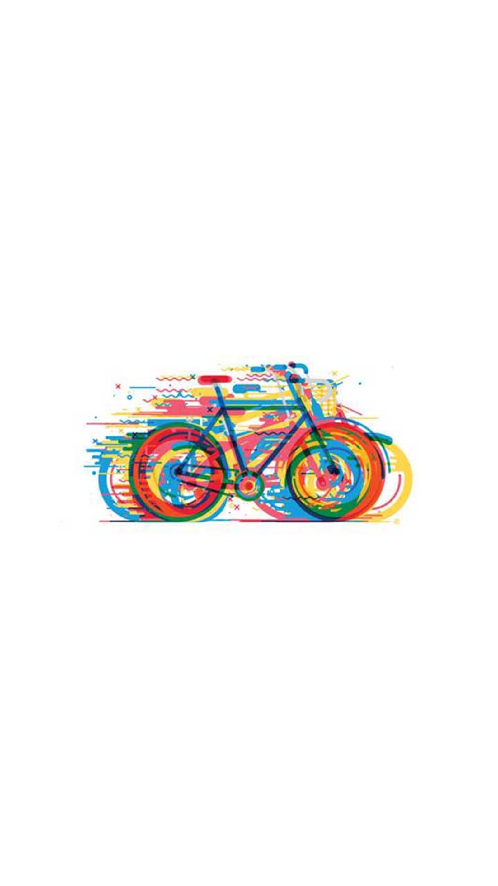 Um desenho colorido de uma bicicleta com uma roda arco-íris (bicicleta, colorido)