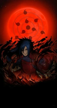 Madara Uchiha with Sharingan, surrounded by dark energy and a crimson moon featuring the Uchiha clan symbol.