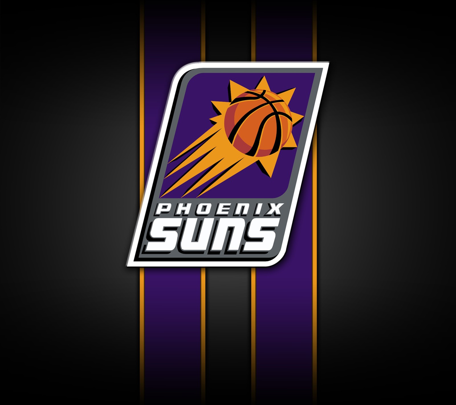 Logo des phoenix suns sur un fond rayé violet et jaune (basket ball, nba, phénix, pheonix, soleils)