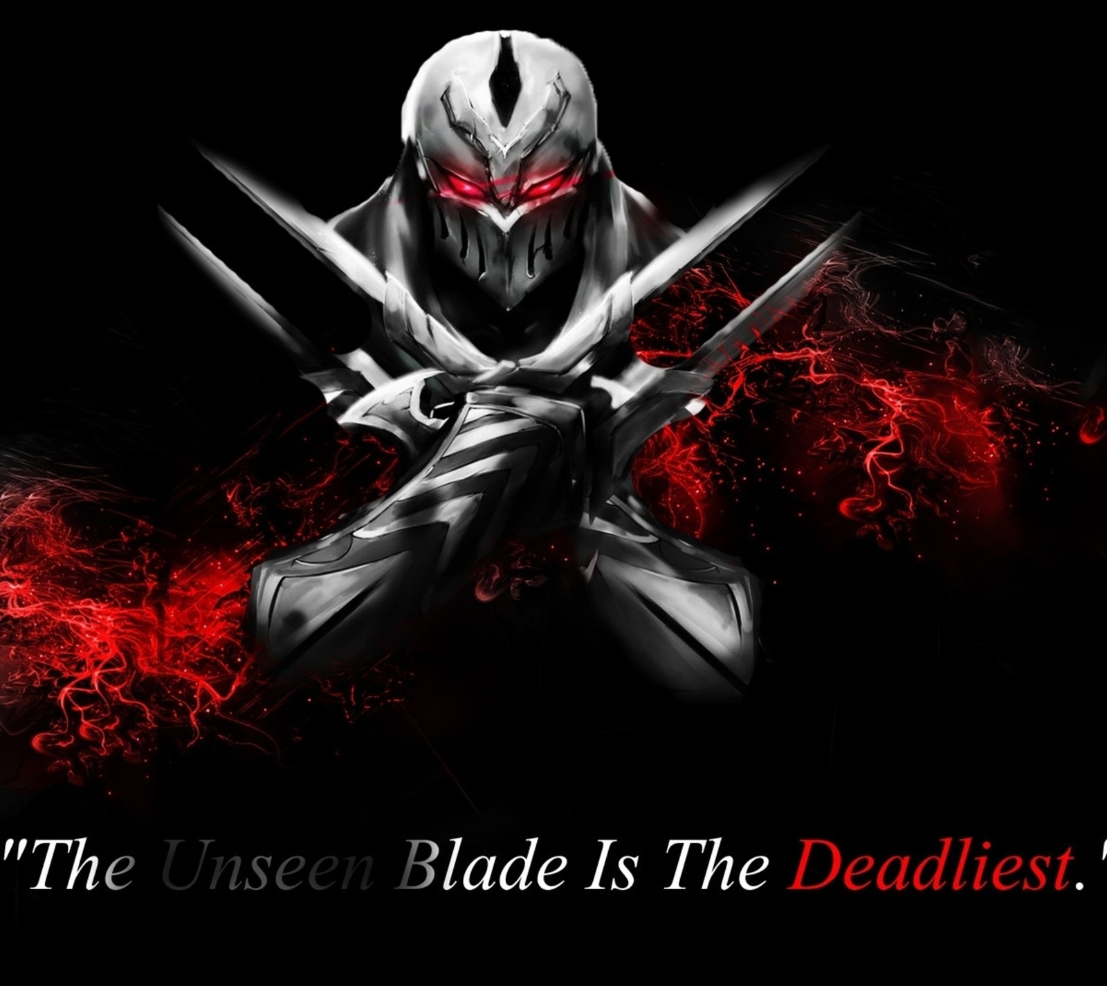 Una imagen en negro y rojo de un hombre con dos espadas (juegos, league of legends, lol, zed)