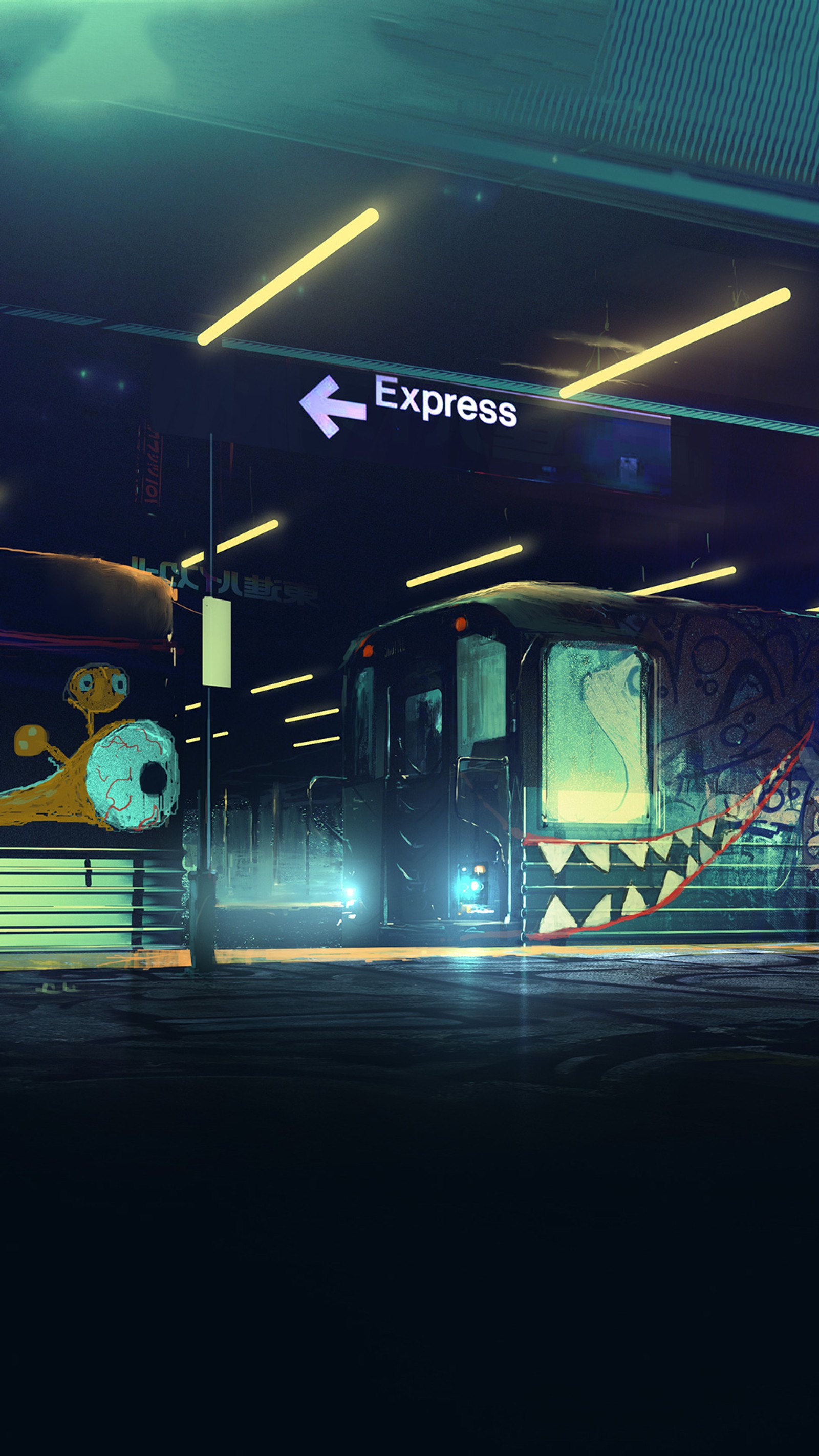 There is a bus that is parked at a bus stop (art, city, cool, graffiti, street)