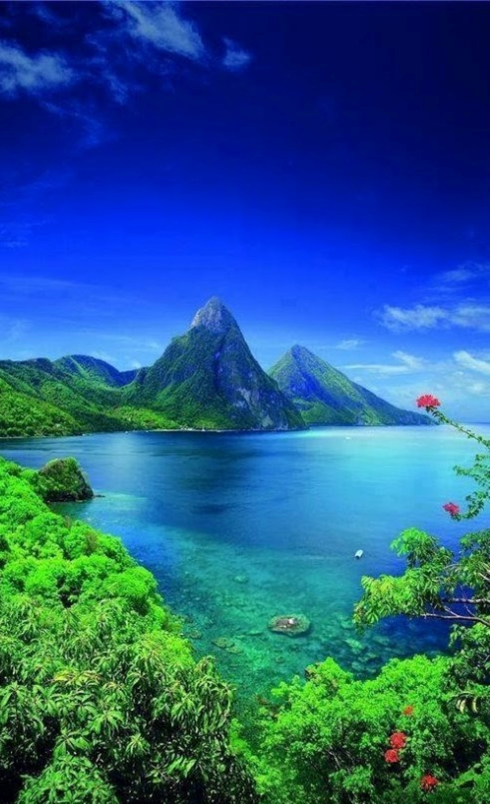 A view of a mountain and a body of water with trees (green, nature)