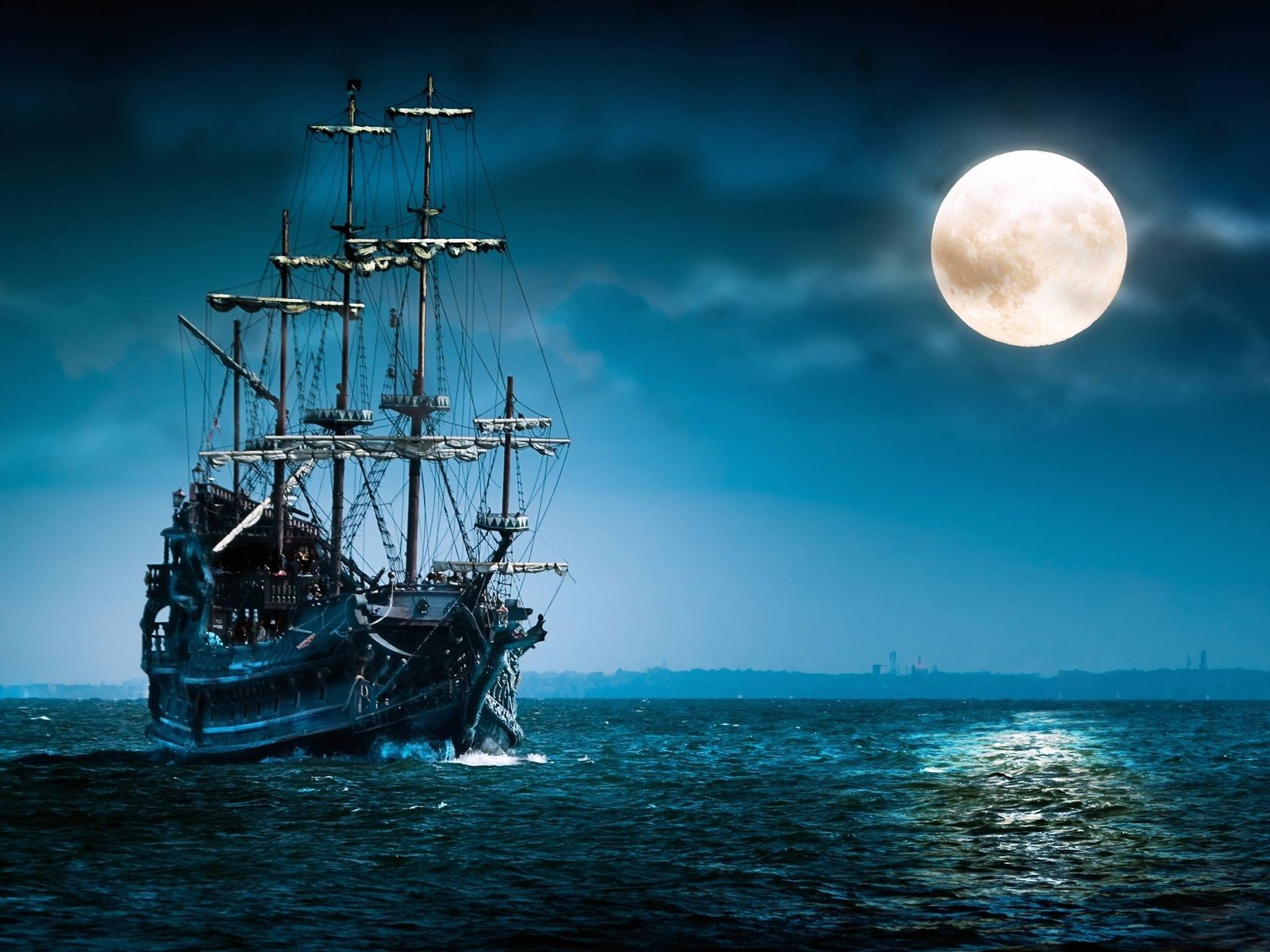 moon, ocean, pirate, sea wallpaper