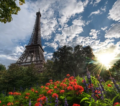 Tour Eiffel entourée de fleurs vibrantes au coucher du soleil à Paris