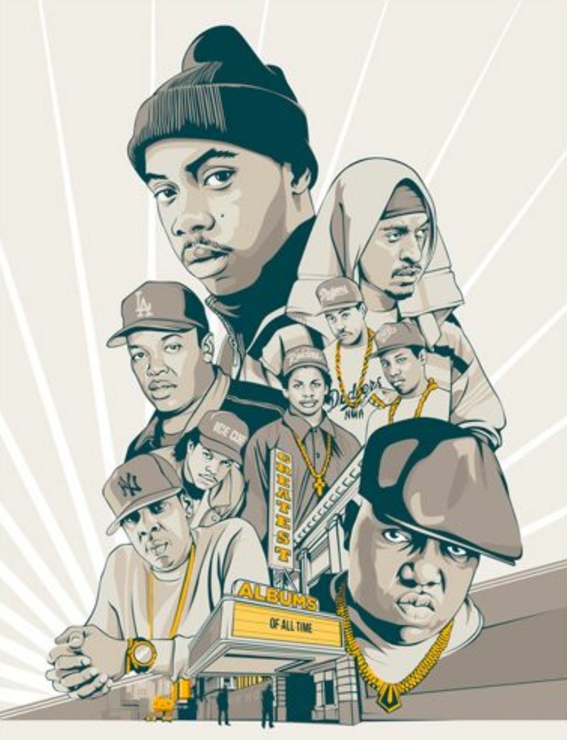 A poster of a group of people with a building in the background (legends, old school, rappers)