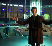 The Eleventh Doctor stands confidently in the TARDIS control room, dressed in a waistcoat and bow tie, radiating a sense of adventure and curiosity.