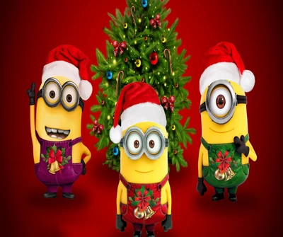 Joyeux Noël avec des Minions célébrant joyeusement près de l'arbre