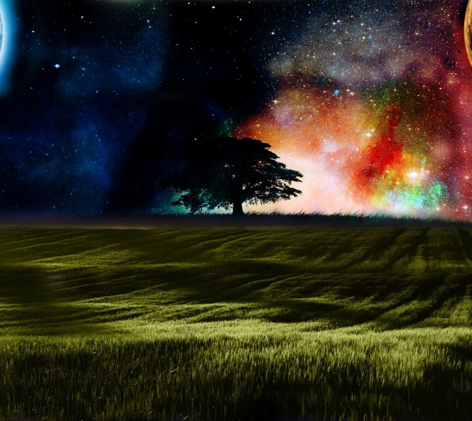 Lade galaxie, himmel, baum, welt Hintergrund herunter