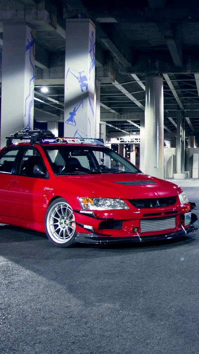 Mitsubishi Evo: Tuned Red Speed Demon Under Urban Lights