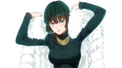 Fubuki de One Punch Man em uma pose estilosa, envolta em um casaco de pele com acessórios elegantes.