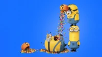 Minions profitant d'une fête d'Halloween colorée avec des bonbons