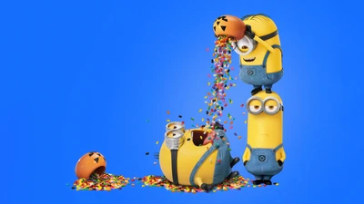 Minions genießen eine bunte Halloween-Party mit Süßigkeiten