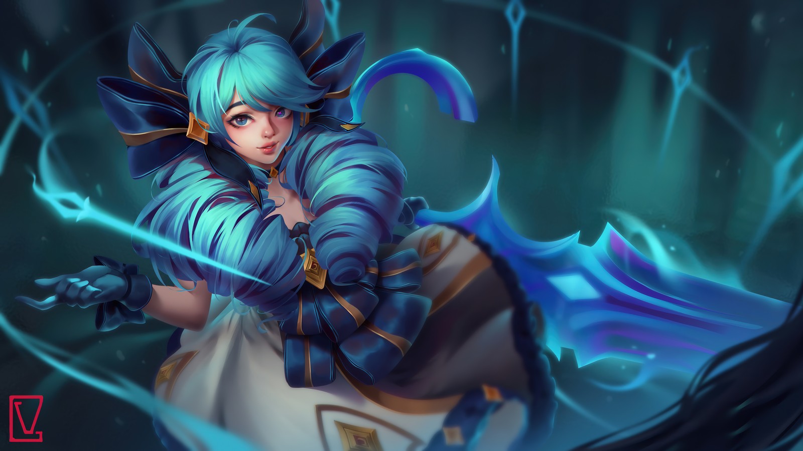 Eine frau in einem blauen outfit, die ein schwert in der hand hält (gwen, lol, league of legends, videospiel, kunst)