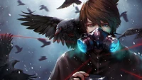 Anime Boy in Gas Mask Surrounded by Crows