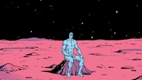 Blue Figure Contemplates the Cosmic Landscape on a Pink Moon