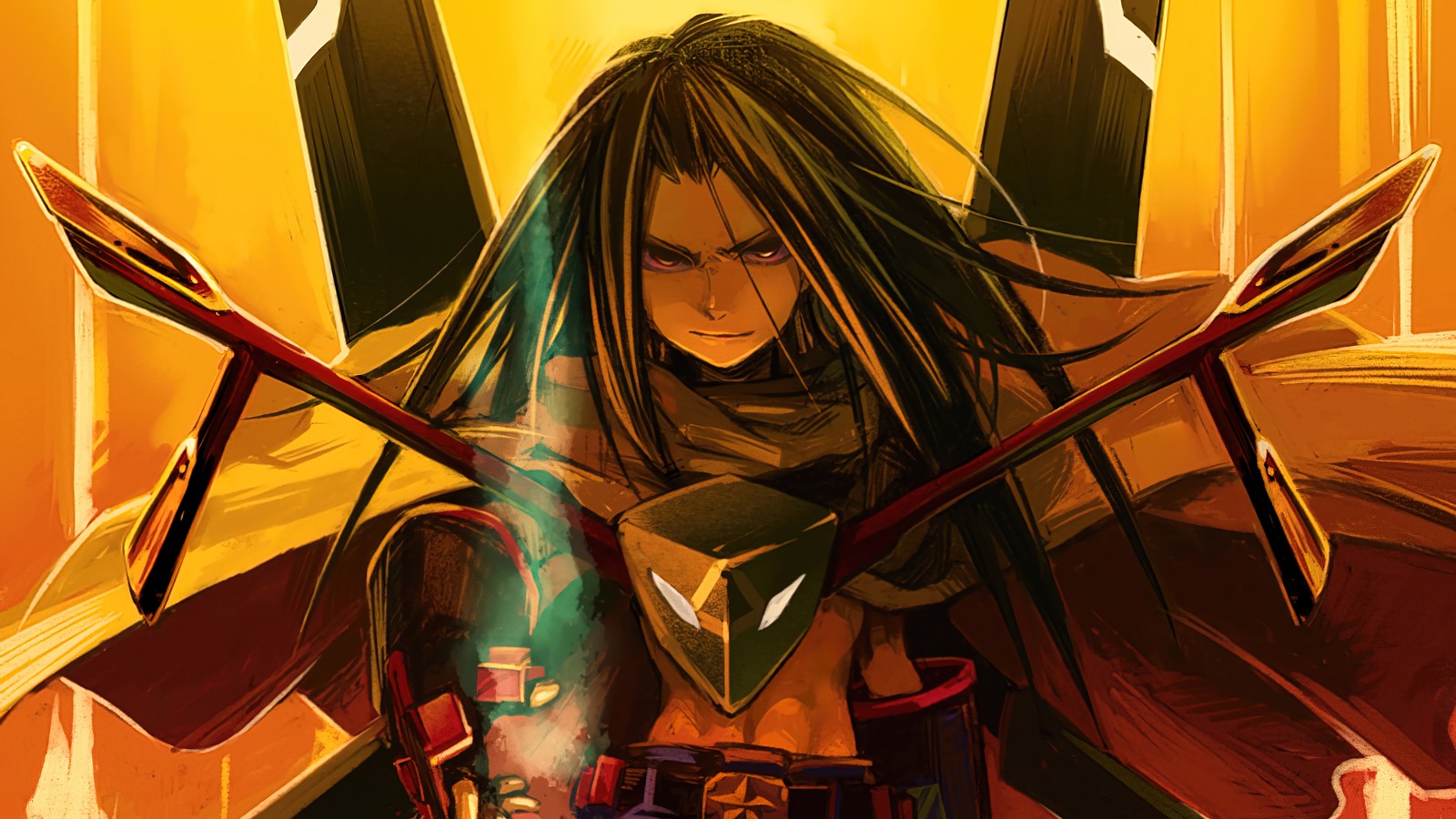 A close up of a person holding a sword and a sword (hao asakura, shaman king, anime)