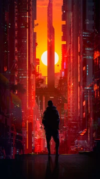 Silhouette in einer dystopischen Metropole bei Sonnenuntergang