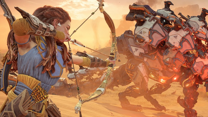 Крупный план человека с луком и лошадью (элой, aloy, horizon forbidden west, видеоигра, ps5)