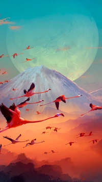 Vibrant Summit: Flamingos Against a Celestial Backdrop