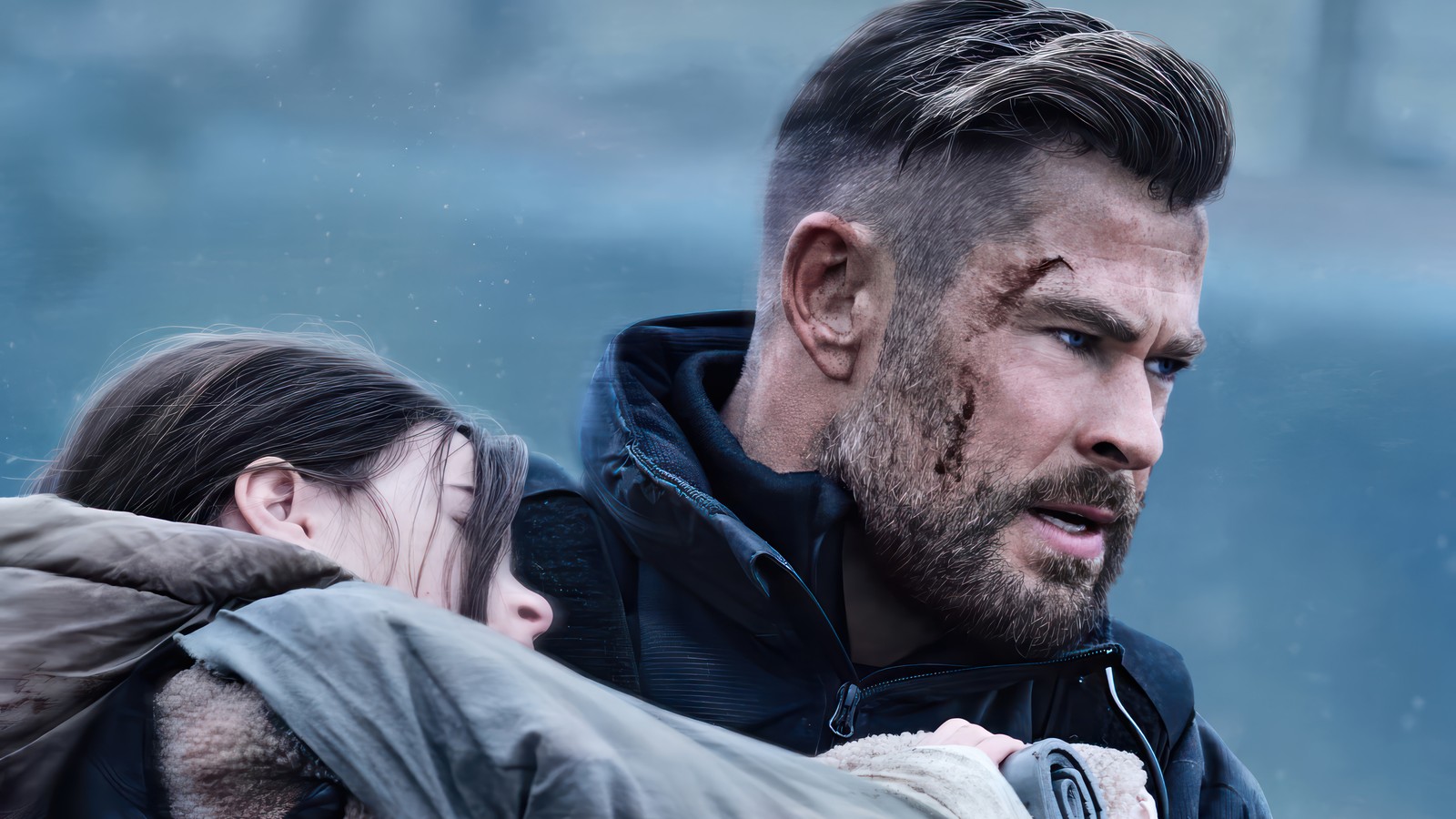 Arafed man with a beard and a woman with a backpack (extraction 2, movie, netflix, 2023, chris hemsworth)