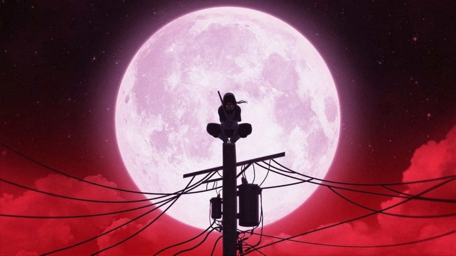 Eine nahaufnahme eines telefonmastes mit einem vollen mond im hintergrund (itachi uchiha, kunst, grafikdesign, gemälde, zeichnung)