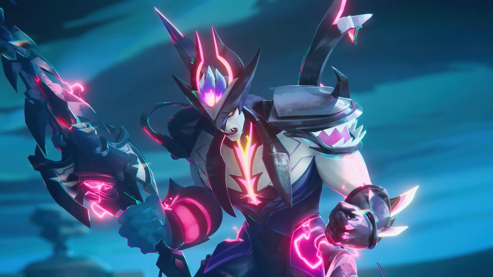 A close up of a person holding a sword in a game (aatrox, primodian, anima squad, league of legends, video game)