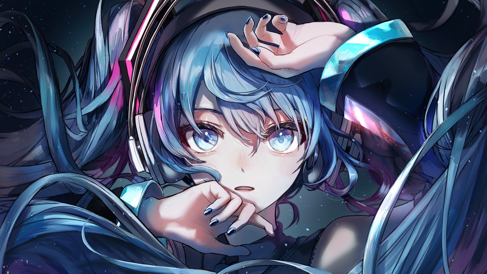 A close up of a person with a headphone on (hatsune miku, vocaloid, anime girls, anime)