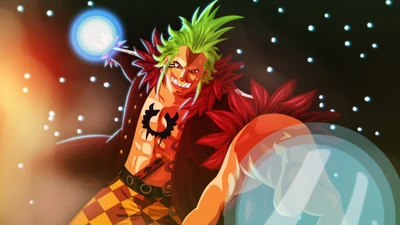 Bartolomeo from One Piece unleashes his fierce power, surrounded by a dynamic cosmic backdrop.