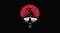 Itachi Uchiha: Emblem des Uchiha-Clans in einer dynamischen Anime-Landschaft