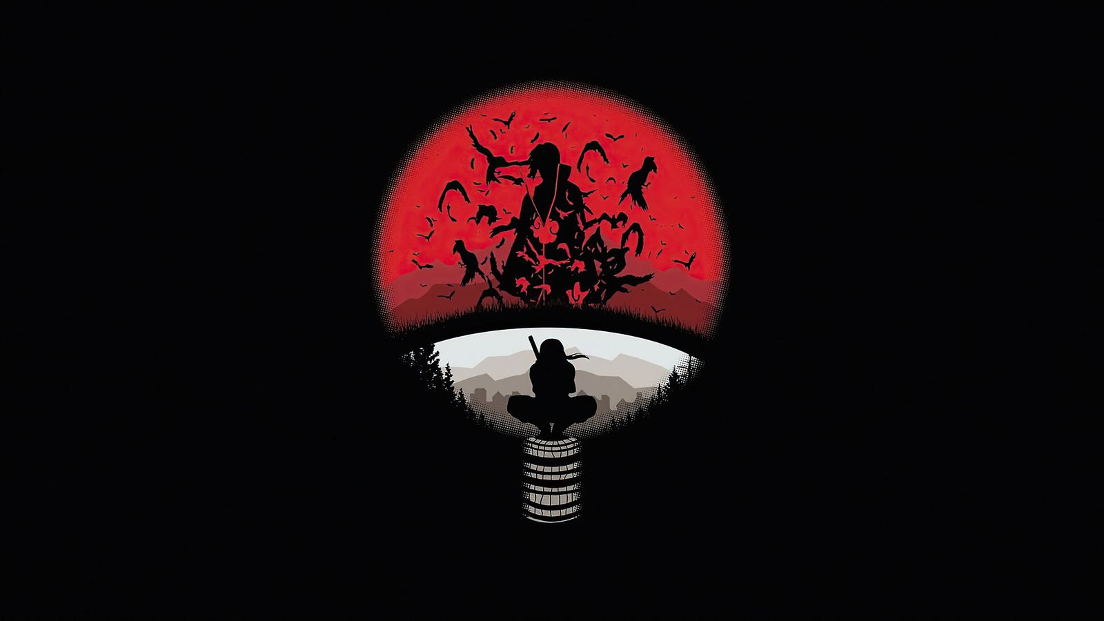 Un fond sombre avec un soleil rouge et la silhouette d'une personne tenant une batte (uchiha, clan, itachi uchiha, logo, anime naruto)