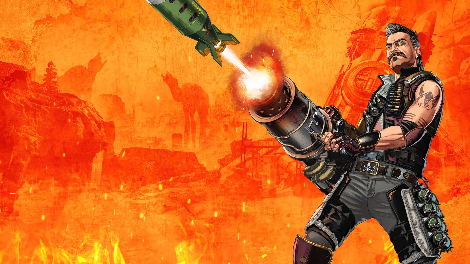 A man with a gun and a rocket in his hand (fuse, mayhem, apex legends, video game, season 8)