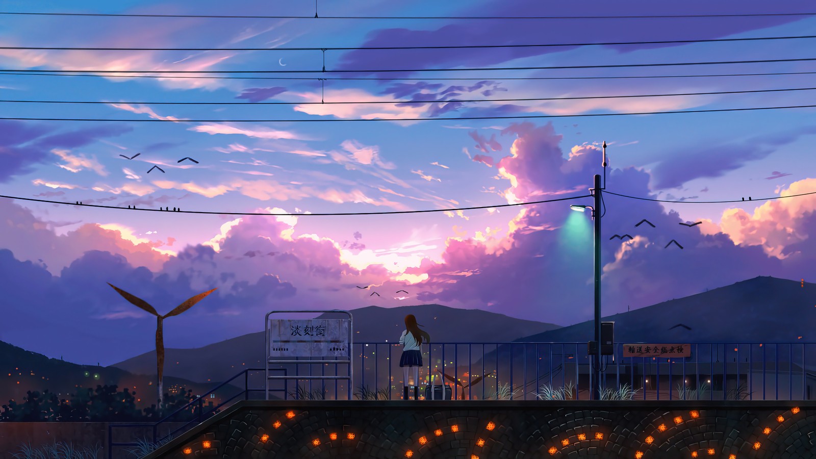 Anime, anime, arte anime, paisaje anime, atardecer, noche, cielo, nubes, noche (anime, amanecer, escenario, arte)