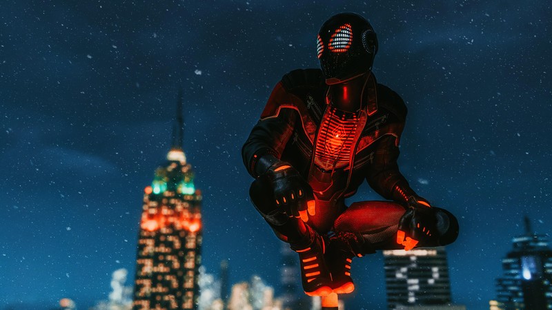 Крупный план человека в красном костюме с городом на заднем плане (marvels spider man miles morales, playstation 5, ps5, ps4, видеоигра)