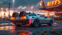 DeLorean Zeitmaschine an Biffs Tankstelle