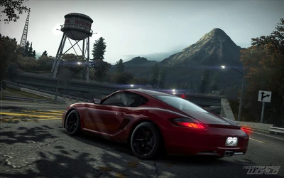 Porsche Cayman correndo através de uma paisagem cênica em Need for Speed World