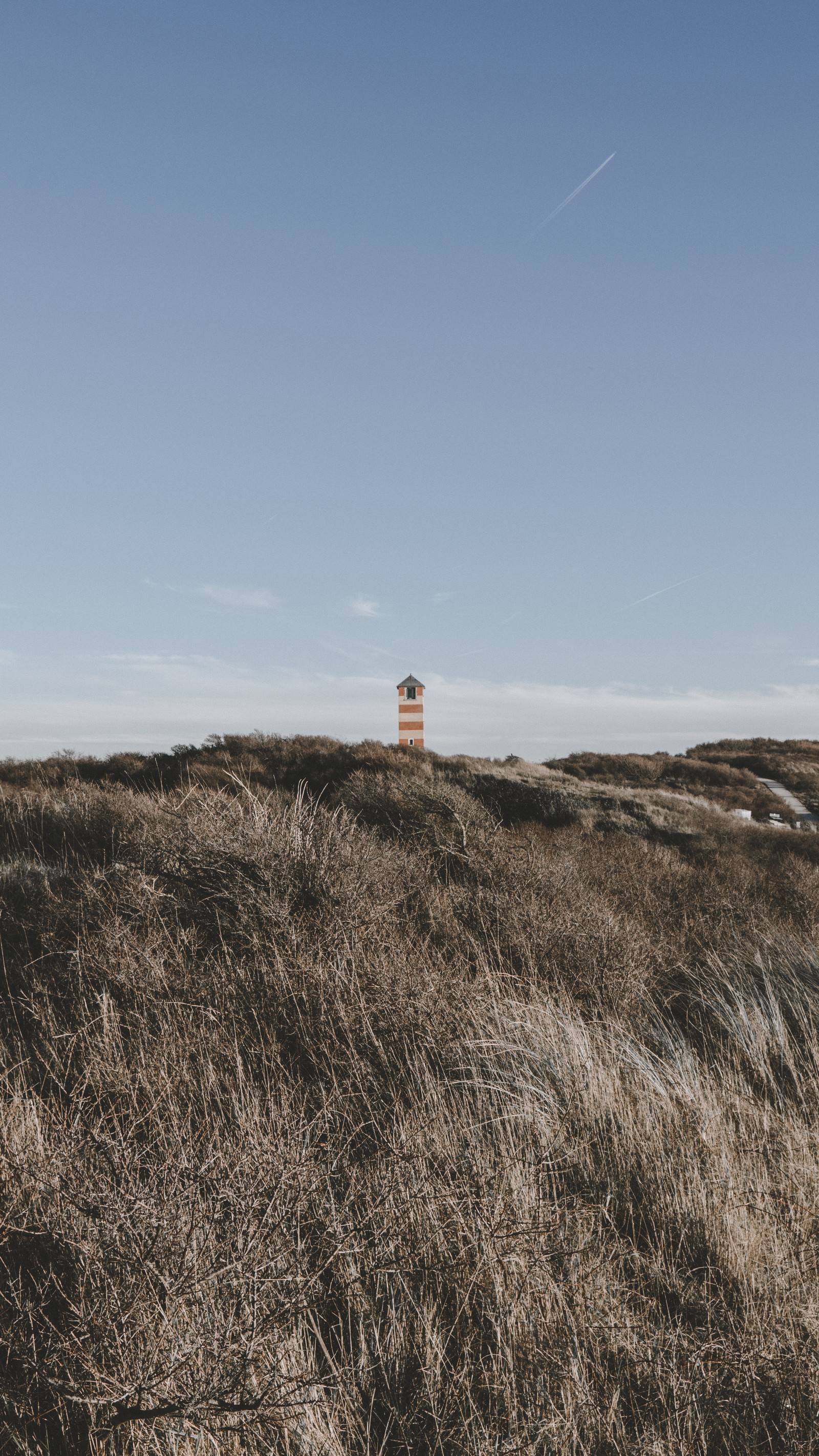 Há um farol em uma colina com céu limpo (ambiente natural, grama, farol, pradaria, mar)