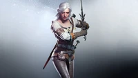 Ciri from The Witcher 3: Wild Hunt in an action stance, showcasing her agility and determination.