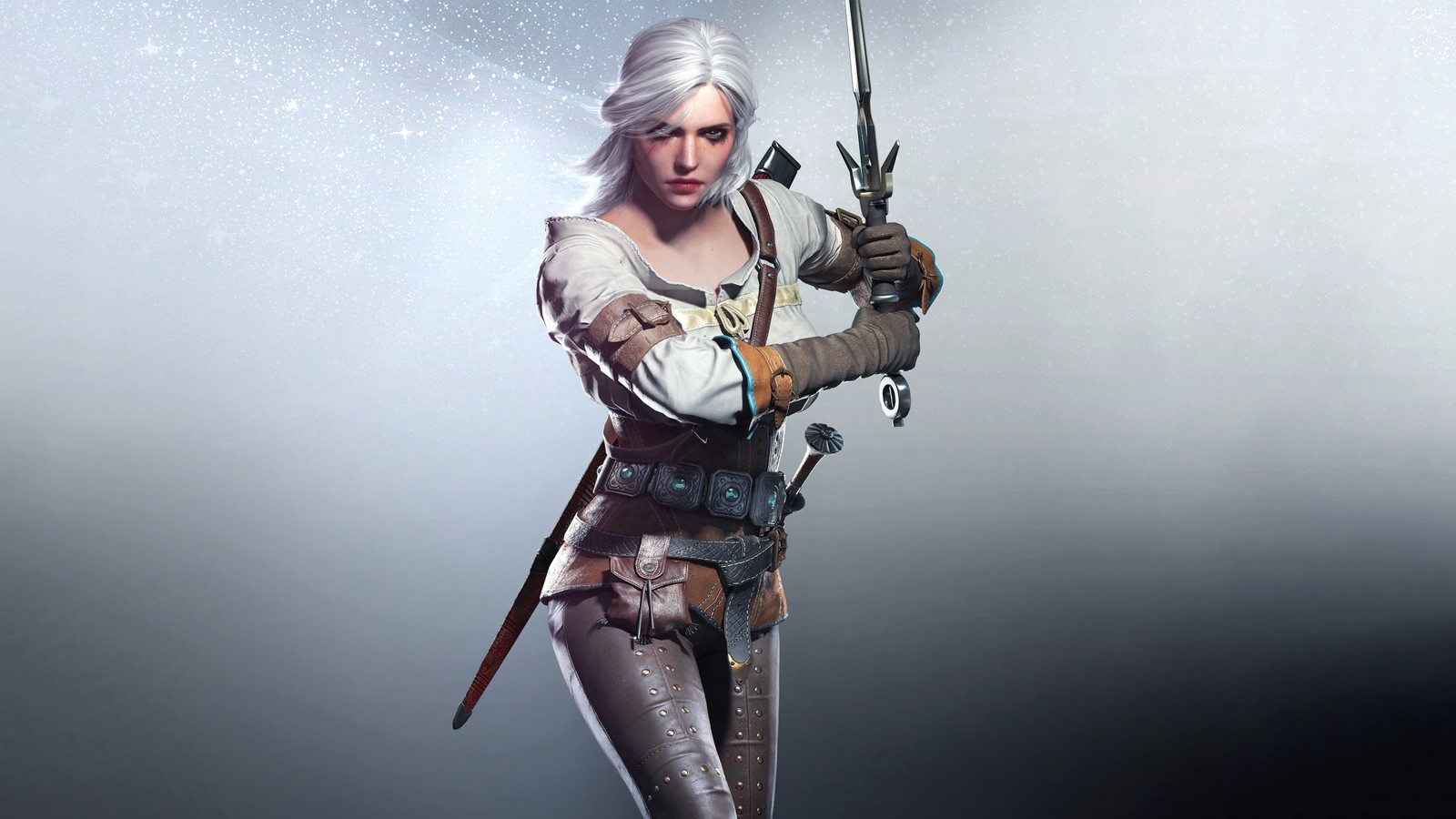 Hexe mit schwert in der hand, die in einem nebligen gebiet steht (ciri, the witcher 3 wild hunt, 5k, spiele, 4k hintergrund)