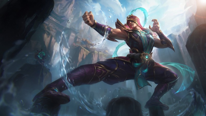 Женщина в фиолетовом наряде держит меч в пещере (acolyte, ли син, lee sin, кожа, league of legends)