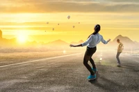 Joyful Morning Skateboarding Adventure Under a Colorful Sky