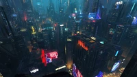 Paisagem urbana cyberpunk vibrante com arranha-céus e luzes de néon